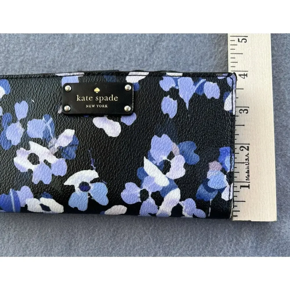 Kate Spade Stacy Grove Street Bifold Card Wallet Black Blue Floral Leather Slim